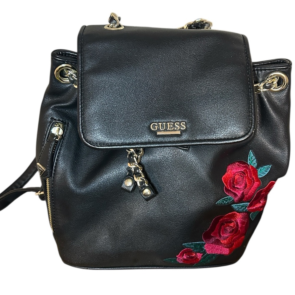 Guess black faux leather‎ backpack gold hardware floral rose embroidery READ